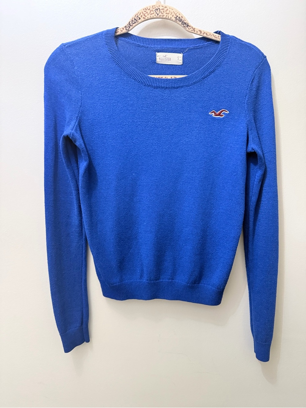 Y2K Hollister Cobalt Blue Crewneck Knit Sweater Logo Cotton S Preppy Layers